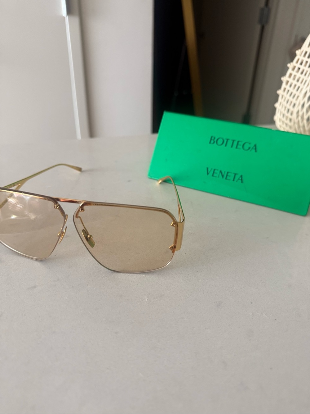Bottega Veneta Gold Frame Sunglasses with Light Brown Lenses
